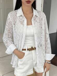 DAZY 女款優雅通勤素色花卉蕾絲長袖襯衫 - 白色 - 查看 8