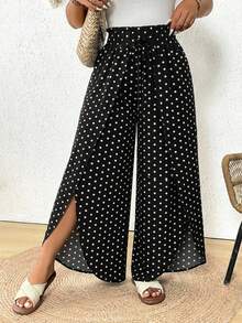 SHEIN Frenchy 休閒度假通勤日常大尺碼女款圓點腰帶開衩寬腿褲 - 黑與白 - 查看 6