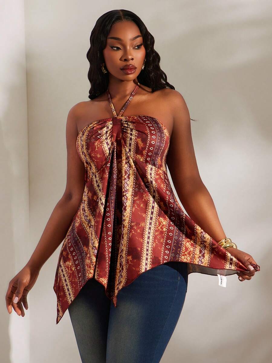 Radiana Plus Size Women's SpringSummer Sexy Vintage Print Strapless Halter Top With Asymmetrical Ruffled Hemline Vacation Burgundy - Multicolor - View 1