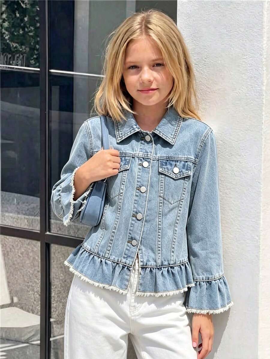 青少年女孩夏季柔軟水洗百搭寬鬆時尚舒適個性化細棉牛仔外套,下擺蕾絲設計喇叭下擺,袖口蕾絲設計喇叭袖口。中藍色水洗牛仔色。 - 中等水洗藍 - 查看 1