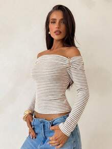 Aloruh Apricot Striped Knit Long Sleeve Fitted T-Shirt Top With Off-Shoulder - Apricot - View 9