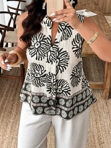 Elouméa 女款春夏季休閒度假雙色葉子印花寬鬆無袖襯衫，適合日常度假穿著 - 彩色 - 查看 5