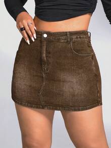 SHEIN ICON Plus Size Women's Pocket Button Casual Versatile Daily Travel Denim Skort - Brown - View 6