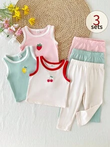 SHEIN Playful Pals 6件組女嬰純色對比水果印花櫻桃檸檬草莓可愛圓領無袖背心上衣 & 長褲修身套裝，彈性柔軟面料，清新甜美可愛休閒風，適合夏季日常外出、上學、購物、旅行、度假、公園、遊樂園、運動、跑步等多種場合 - 彩色 - 查看 10