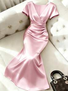 Franclia Plus Size Women Elegant Ruched Pearl Button Decor Short Sleeve Fishtail Dress, Spring/Summer - Pink - View 3