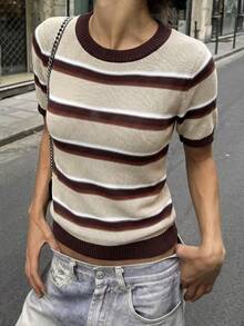 Siren Gaze Women's Round Neck Brown And Cream Patchwork Casual Retro Vintage Preppy Versatile Daily Everyday School Outing Knit Top Back-To-School Autumn - Multicolor - View 4