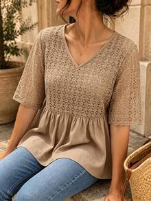 Lacomfia Crochet Mesh Patchwork Khaki Short Sleeve Loose Casual Everyday Plus Size Shirt - Khaki - View 3