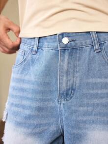 Whitmere American Distressed Five-Pointed Heart Pattern Denim Shorts For Men, Fashionable Frayed Hem Casual Versatile Knee-Length Denim Shorts, Streetwear Jeans, Versatile Street Style, Breathable Casual Shorts For Summer Commute - Blue - View 6