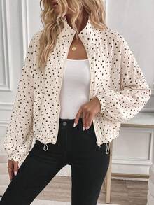 SHEIN LUNE Chaqueta casual de mujer para vacaciones de verano, ir al trabajo y uso diario, básica de moda, con lunares, para otoño/invierno, corta, con bolsillos y cremallera - Albaricoque - Ver 6
