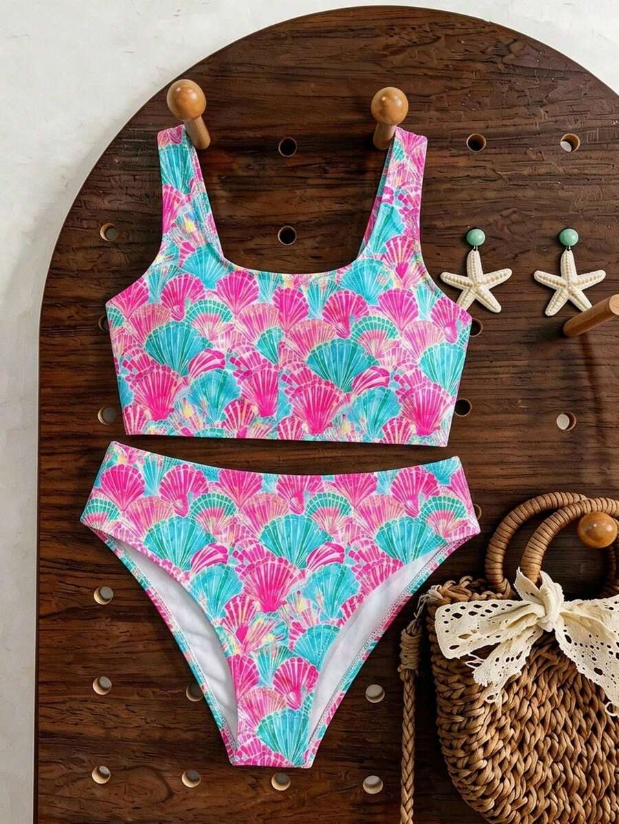 Tween Girls Casual Tropical Cute Simple Camisole Tank Top Triangle Bikini Bottom Swimsuit Set, Suitable For Summer Vacation Beach Pink - Multicolor - View 1