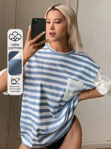 Livesso 女款條紋圓領落肩袖口袋設計寬鬆T恤 - 藍色 - 查看 1