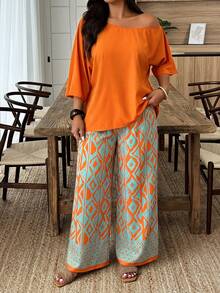 Weeklong Plus Size Orange Off-Shoulder Loose Top & Geometric Print Wide Leg Pants Set, Casual Resort Style For Spring Summer Fall - Multicolor - View 6