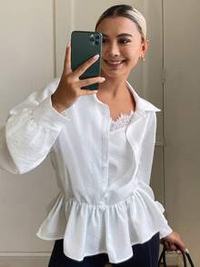 Livesso Summer Autumn June Teachers' Day Collared Long Sleeve Button-Up Solid White Ruffle Hem Loose Women's Blouse Office Elegant French - White - View 3