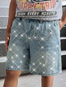 SHEIN Young BoyGlitter Letter Rhinestone Decor Loose Fit Blue Denim Shorts - Light Wash - View 6