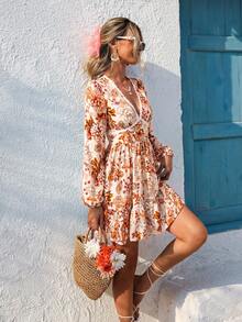 2026 Vestido mini de tejido estampado con escote en V para mujer, atuendos de primavera y verano, ropa de verano, Día de San Valentín, atuendos de vacaciones para mujer - Albaricoque - Ver 3