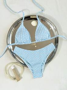 Swim Vcay 2026春夏紋理藍白細肩帶掛脖高衩側綁帶比基尼泳衣2件套，甜美度假風，適合海灘拍照 - 藍色 - 查看 2