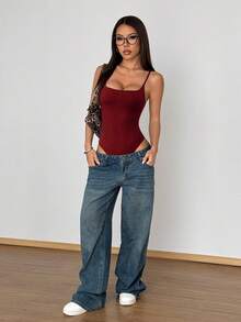 FavEase 女款春夏歐美風性感時尚極簡修身低領素色休閒百搭連身衣 - 酒紅色 - 查看 3