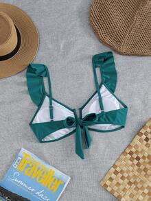 Swim Basics 新款歐美女款性感時尚極簡純色荷葉邊抓皺深V領露背綁帶上衣 - 綠色 - 查看 8