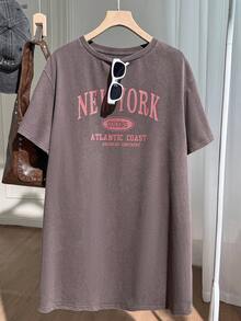 Comfortcana 大码女装夏季至初秋返校季 Free People 复古酸洗做旧黑色休闲宽松落肩圆领T恤裙 - 棕色 - 查看 9
