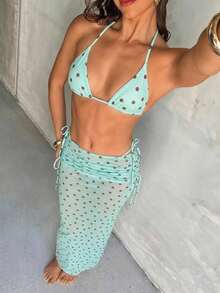 Aloruh 女款三件式比基尼套裝，春夏度假性感優雅浪漫波點金屬裝飾迷你三角杯掛脖綁帶上衣，迷你丁字褲底褲附超長版長裙罩衫，女款海灘比基尼套裝 - 薄荷綠 - 查看 6