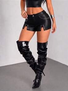 Jeanoix Women's Summer Fashion Split Metal Eyelet Decor Coated PU Shorts - Black - View 5