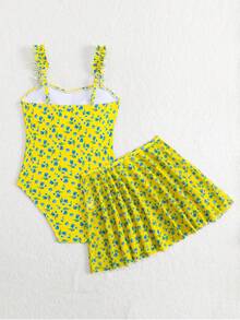 SHEIN Set Baju Renang Terusan Motif Bunga dan Rok Jala untuk Liburan Anak Perempuan Remaja - Kuning - View 2