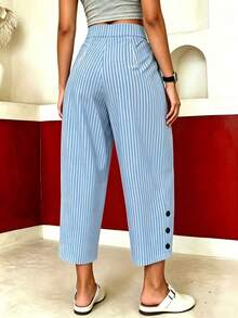 EMERY ROSE Pantalones acampanados con bolsillo, diseño de botones y rayas para mujer - Azul cielo - Ver 2
