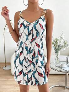SHEIN Allurite 鏈條細節細肩帶迷你短洋裝女裝套裝 - 彩色 - 查看 3