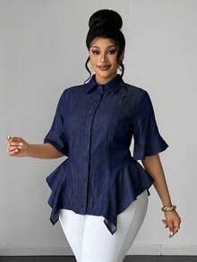 Maweii Spring/Summer Lapel Ruffle Waist Cinched Asymmetrical Hem Minimalist Casual Vacation Elegant Fashion Niche Design Daily Wear Date Wear Premium Feel New Essential Elegant Exquisite French Style Plus Size Women's Blouse - Navy Blue - View 3