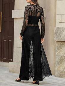 Editum Women's Round Neck Long Sleeve Lace Loose Long Dress Fall Women - Black - View 3