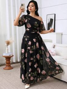 Modelyn 大尺碼女款花卉印花單肩百褶上衣與裙子休閒日常兩件套 - 彩色 - 查看 6