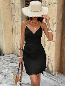 SHEIN LUNE 女款休閒熱帶風性感純色夏季度假通勤日常基礎時尚外出穿搭細肩帶短洋裝黑色夜店風 - 黑色 - 查看 6