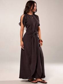 SHEIN PETITE Spring/Summer 2026 Basics Casual Elegant Vacation Cruise Travel Beach Brunch Seaside Commuting Round-Neck, Cap Sleeves, Front Tie-Up Dress, Dark Brown - Brown - View 3