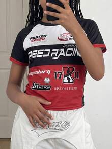 Tween女孩夏季街頭風運動賽事風酷感籃球設計字母印花球衣T恤，適合巴西 - 紅色 - 查看 4