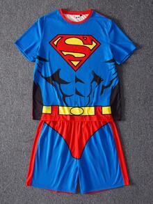 SUPERMAN X SHEIN Men's Print Top And Shorts Loungewear Set - Blue - View 1