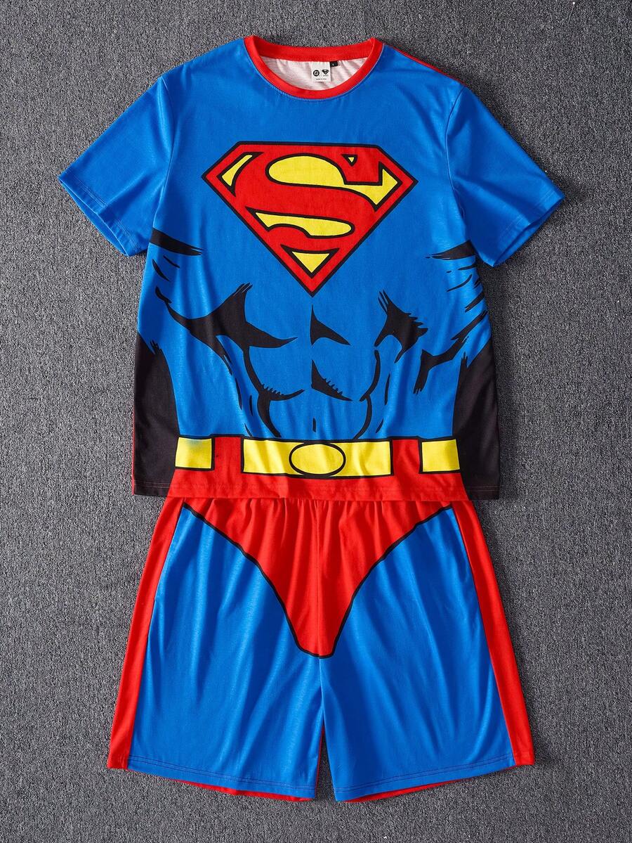 SUPERMAN X SHEIN Men's Print Top And Shorts Loungewear Set - Blue - View 1