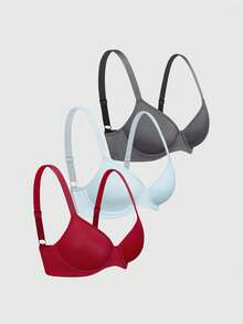SHAPORA 3pcs Spaghetti Strap Solid Color Bras & Wireless Bras (Red + Dark Grey + Blue) - Multicolor - View 6