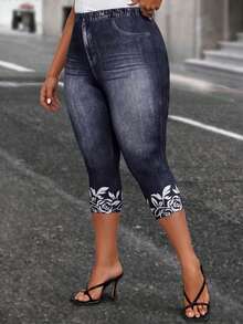 EMERY ROSE Conjuntos de verano con leggings de efecto denim y estampado floral talla grande - Azul Marino - Ver 5