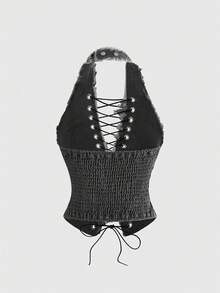 ROMWE Grunge Punk Summer Punk Music Festival Eyelet Lace-Up Halter Neck Fitted Denim Top - Grey - View 2
