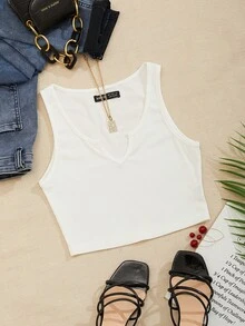 SHEIN PariChic Notch Neck Rib-knit Tank Top - White - View 5