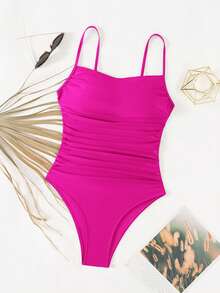 Swim Lushoire Women's Solid Color Minimalist Spaghetti Strap Ruched Design One-Piece Swimsuit - Pink - View 4