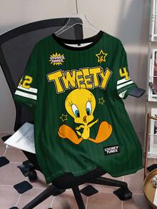 LOONEY TUNES X SHEIN 大码夏季休闲字母卡通图案圆领短袖T恤 - 白色 - 查看 3