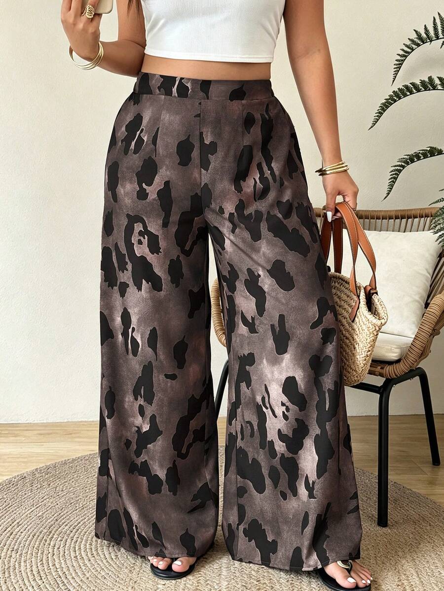 Weeklong Pantalones largos holgados de pierna ancha y cintura alta con estampado de leopardo para mujer talla grande, primavera/verano - Marrón Mocha - Ver 1