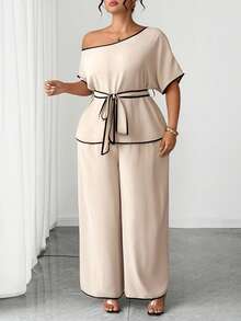 Weeklong 2-delat set för dam i plus size med asymmetrisk axel, färgblockad urringning, markerad midja, kortärmad topp och långa vida byxor, casual - Kaki - Visa 6
