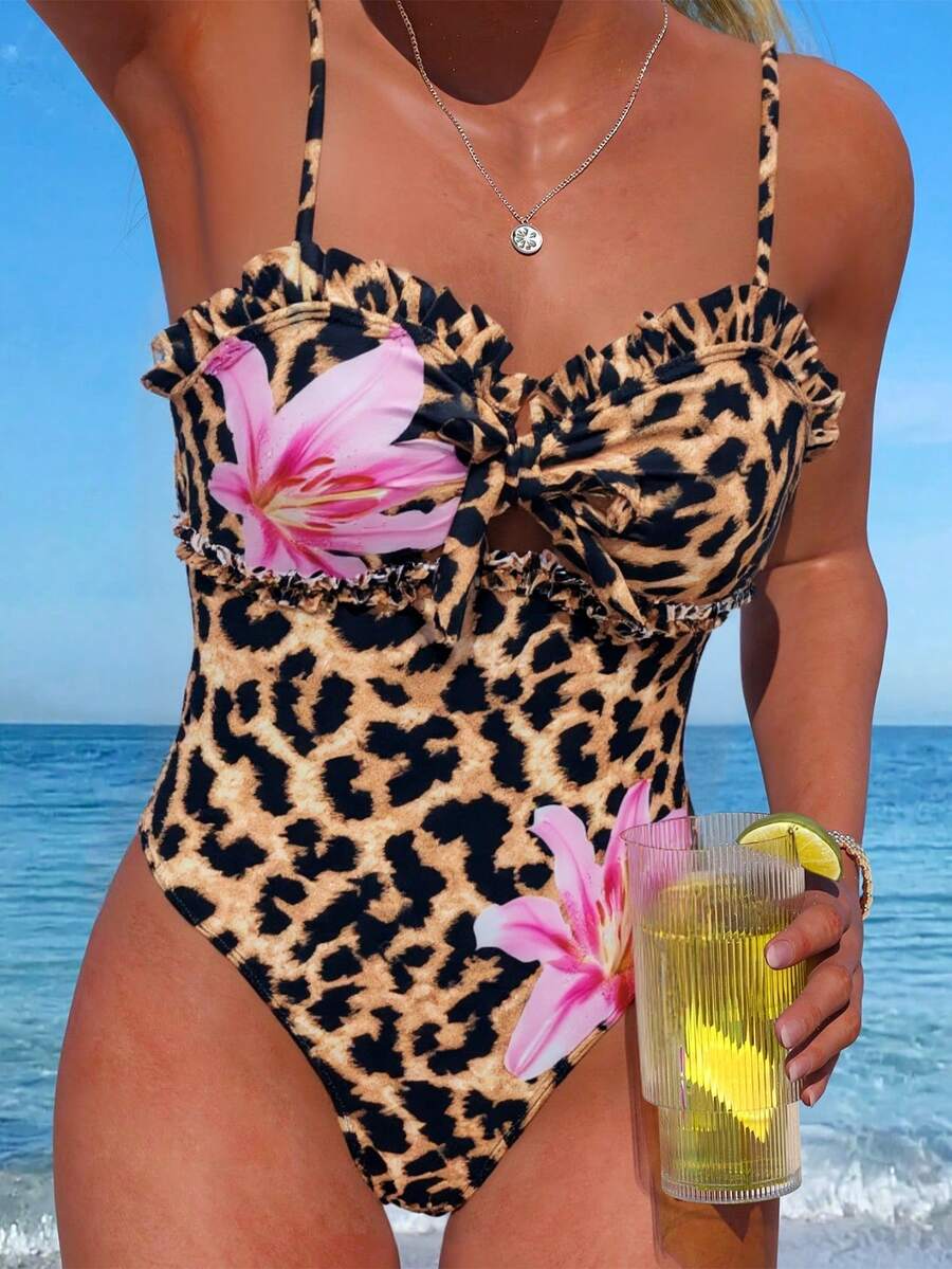 Swim Lushoire Summer Beach Party Vacation Women's Leopard Print Ruffle Gathered One-Piece Black Breezy Sexy Tropical - Multicolor - View 1