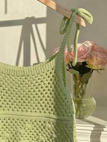 Comfortcana 大尺碼網紗鏤空繫帶針織細肩帶背心 萊姆綠 夏季可愛波希米亞風 度假郵輪約會穿搭 - 綠色 - 查看 5