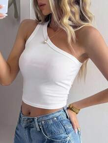 Livesso 修身不對稱肩女款素色背心上衣 - 白色 - 查看 5