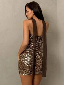 SHEIN Glamour 女款亮片抹胸貼身時尚短洋裝 - 咖啡 - 查看 2