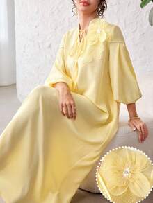 Yasmyna Yellow Sweet Lantern Sleeve Tie-Waist Loose Flowy Elegant Holiday Dress For Women - Yellow - View 4