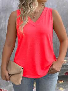 EMERY ROSE Women's Spring/Summer New Hot-Selling Layered Collar V-Neck Casual Versatile Plus Size Tank Top - Red - View 4
